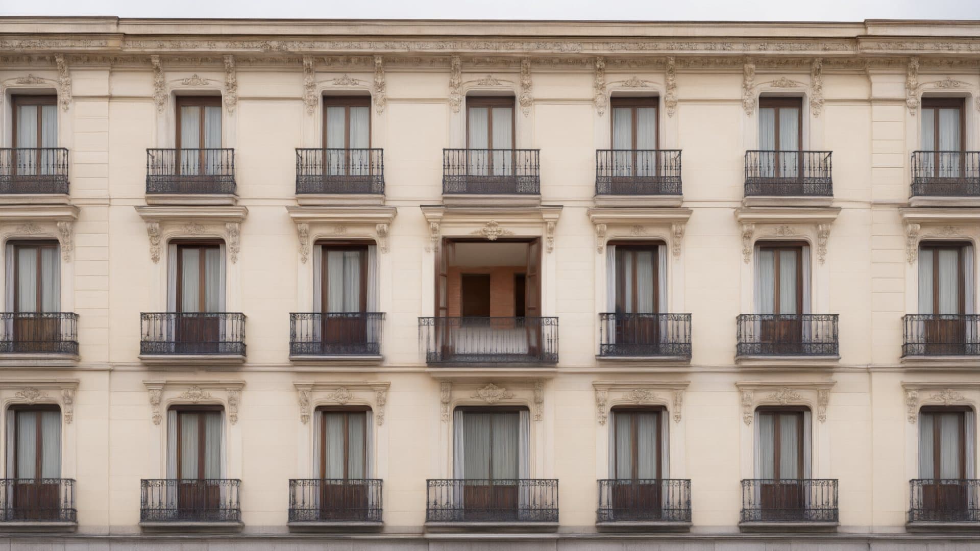 Fachada ilustrativa, recreada: un edificio visto desde la calle, con un balcón abierto y la vivienda en obra.