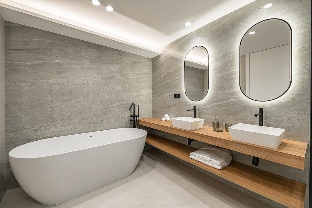 Baño con bañera exenta, encimera con dos lavabos y espejos ovalados retroiluminados. Mayor 73, Madrid.