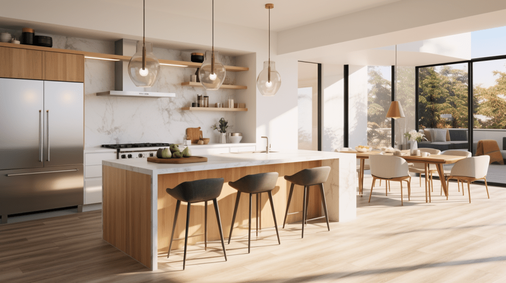 Imagen de una cocina moderna y funcional diseñada por Mara Construcciones, destacando estrategias de distribución inteligente, tendencias actuales en diseño, electrodomésticos inteligentes e innovadores materiales para encimeras y muebles.