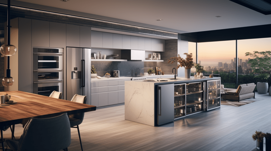 Imagen de una cocina moderna y funcional diseñada por Mara Construcciones, destacando estrategias de distribución inteligente, tendencias actuales en diseño, electrodomésticos inteligentes e innovadores materiales para encimeras y muebles.